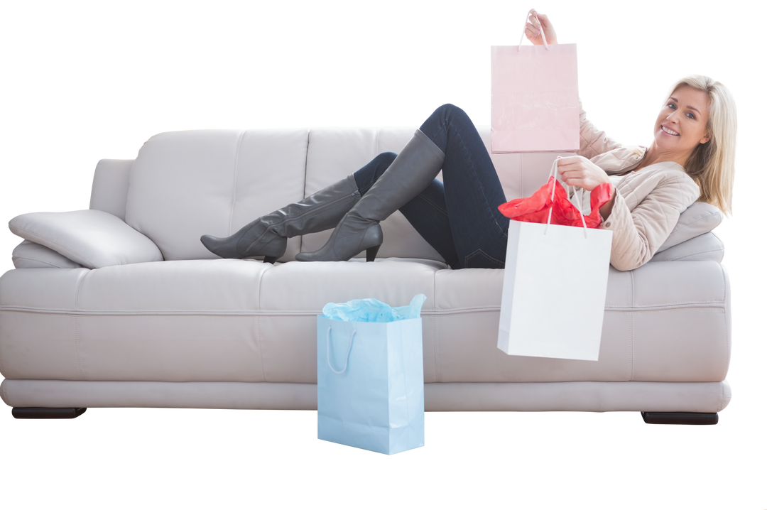 Happy Shopper Relaxing on Couch Holding Colorful Shopping Bags Transparent Background - Download Free Stock Images Pikwizard.com