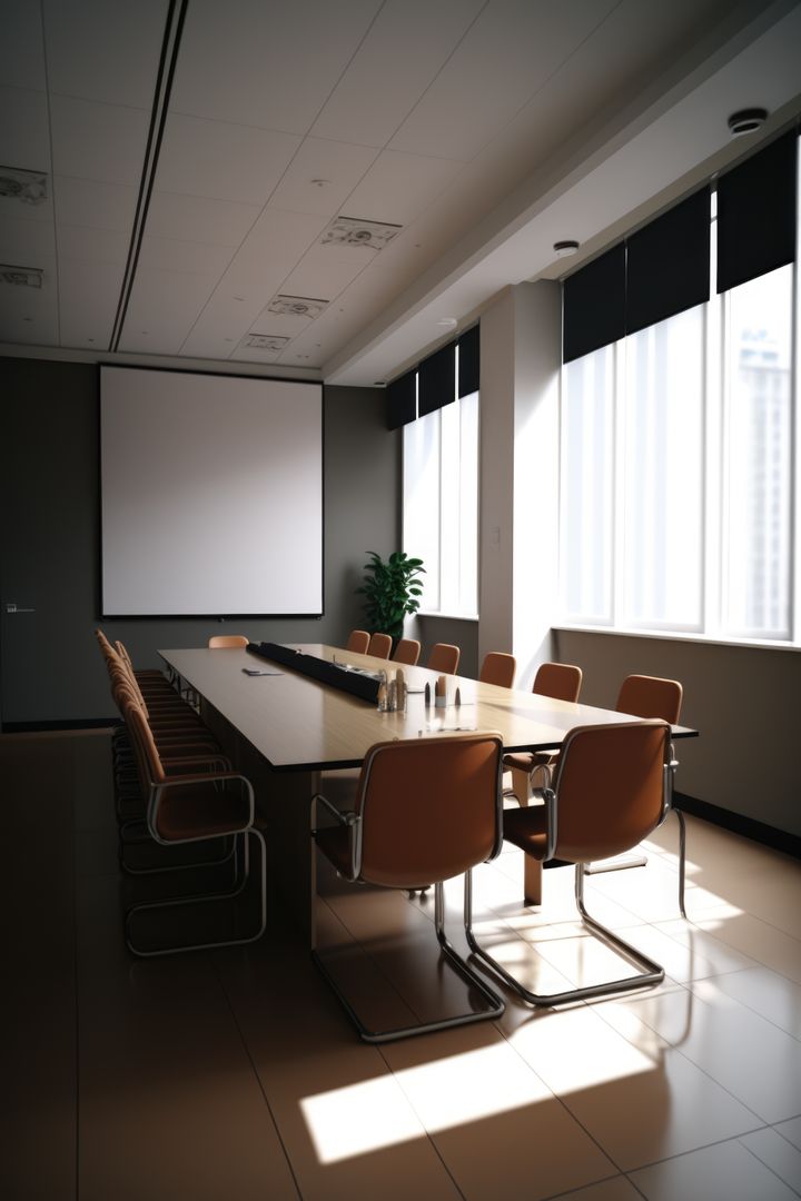 Modern Conference Room with Long Wooden Table and Chairs - Free Images, Stock Photos and Pictures on Pikwizard.com