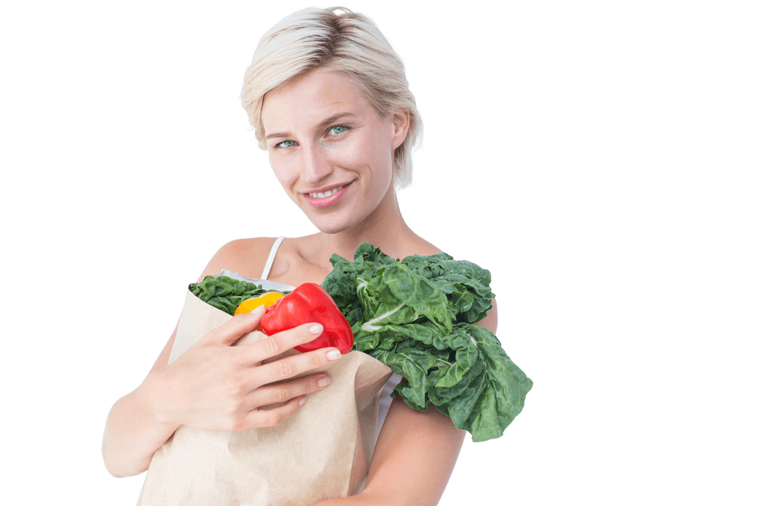 Transparent smiling woman carrying bag of fresh vegetables