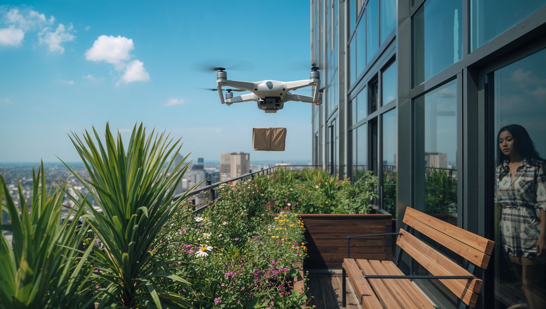 Hovering delivery drone delivering parcel over rooftop garden balcony, woman watching from window