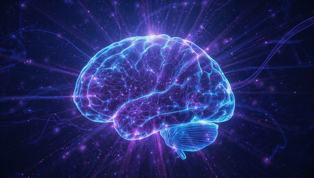 Luminescent Brain with Neural Pathways Against Cosmic Backdrop