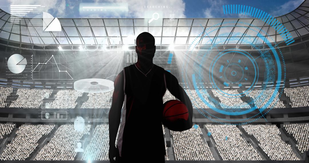 Silhouette of Basketball Player Amidst Digital Graphics in Stadium