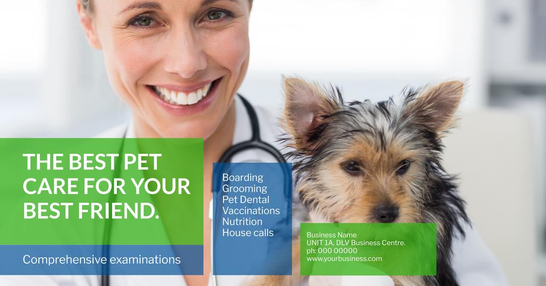 Smiling vet with dog in ad promotes trusted pet healthcare services ...