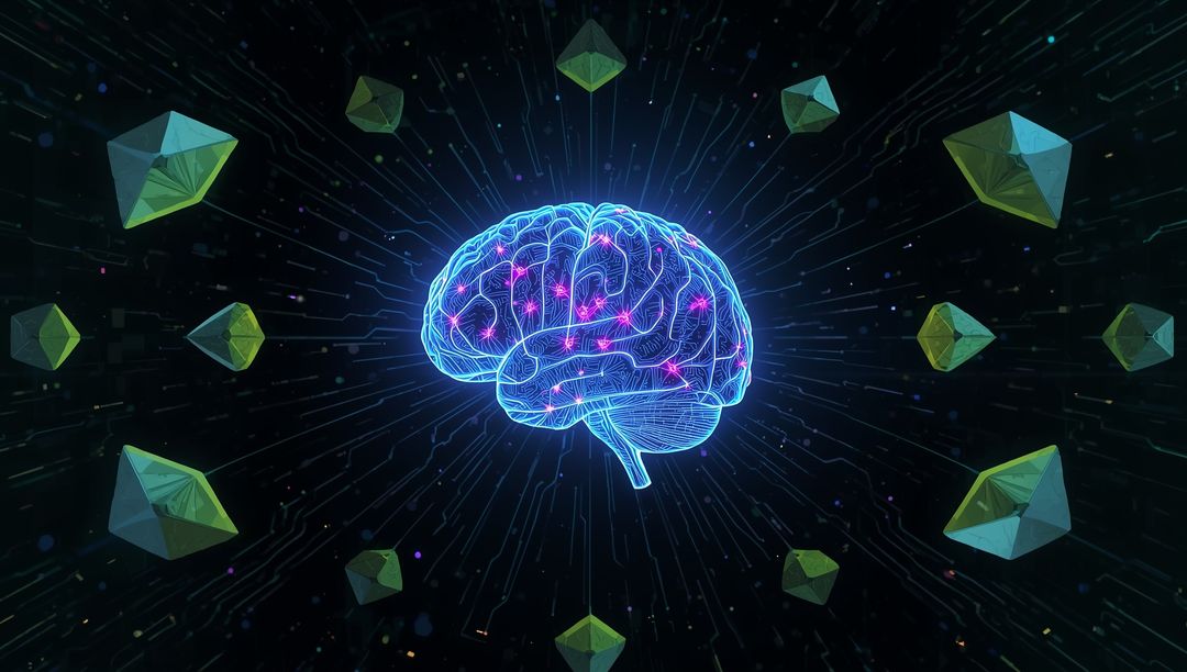 Digital Neon Brain Hologram with Floating Polyhedra in Cyberspace