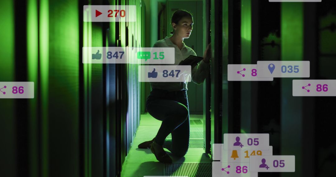 Caucasian Female Engineer Analyzing Data in Server Room with Social Media Icons