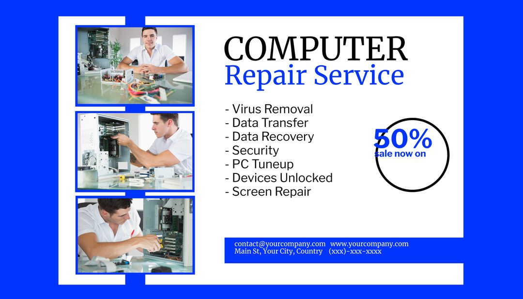 Professional Computer Repair Service Advertisement with Technician Photos