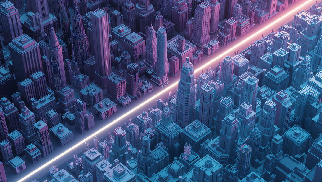 Neon Diagonal Beam Cutting Through Cyberpunk Metropolis Aerial Futuristic City Grid
