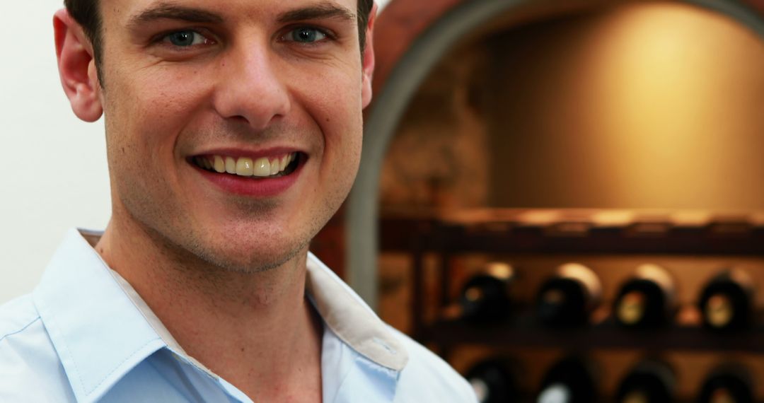 Smiling Man Inside Wine Cellar, Shelves of Bottled Wine in Background - Free Images, Stock Photos and Pictures on Pikwizard.com