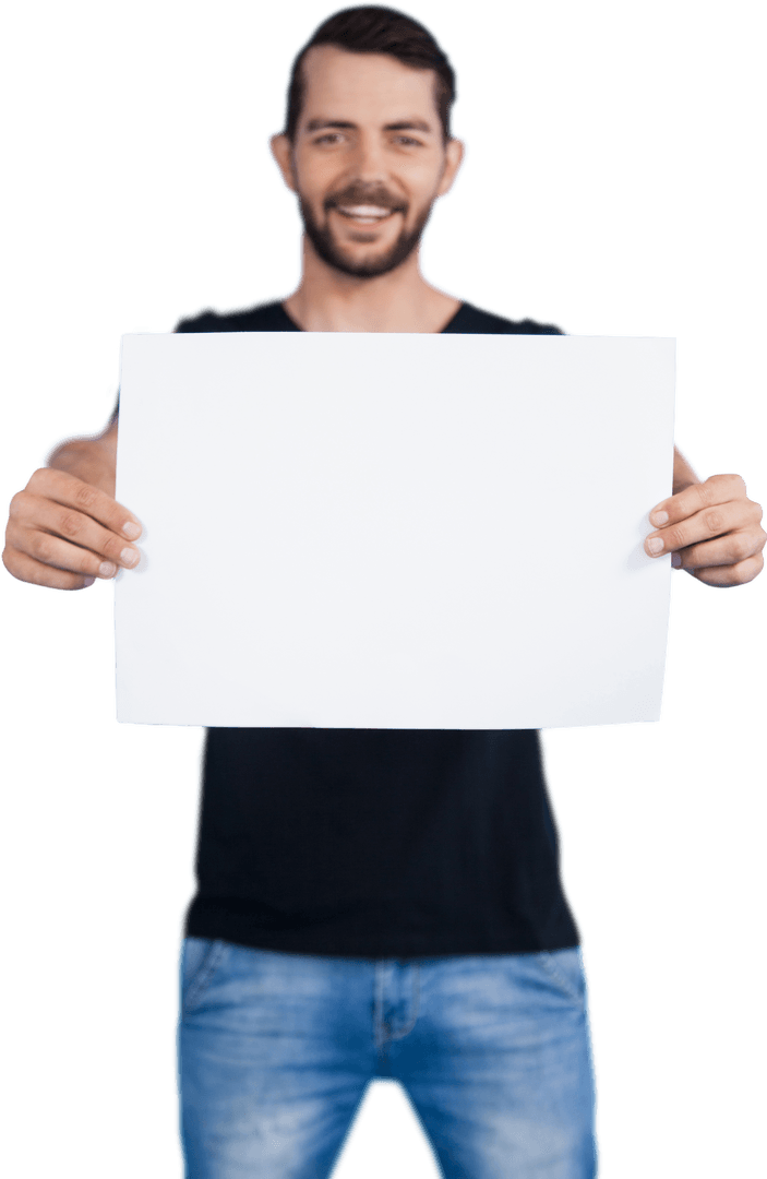 Smiling Man Holding Blank Cardboard with A Transparent Background
