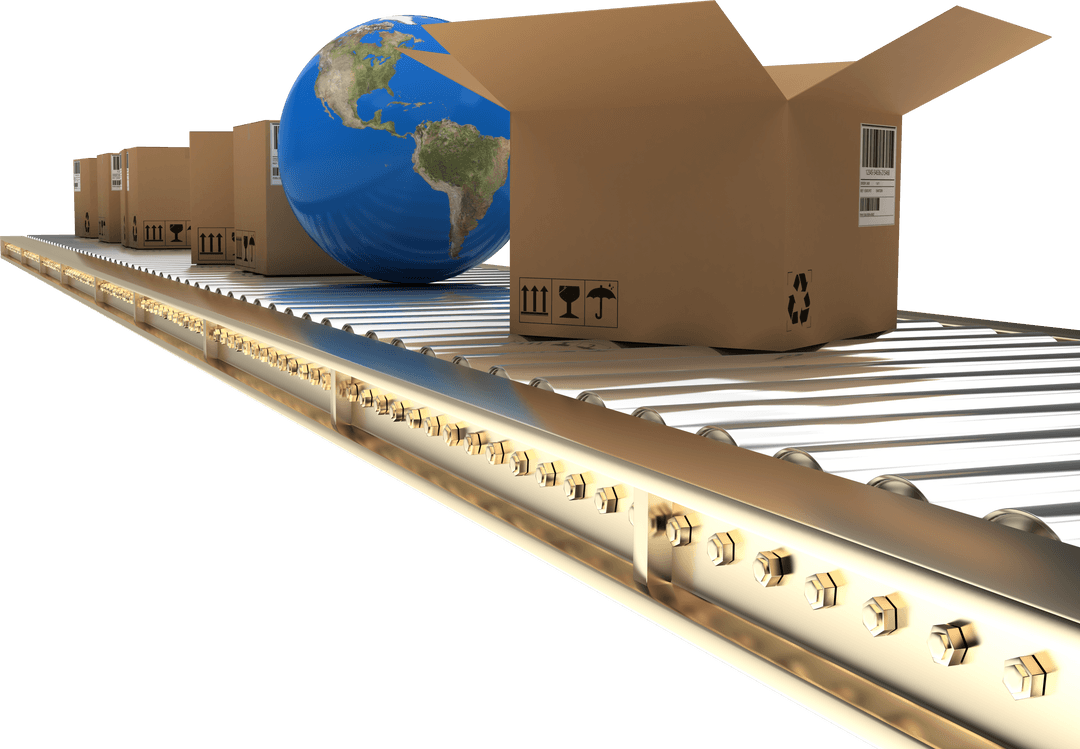 Transparent Conveyor Belt with Globe and Cardboard Boxes for Global Business