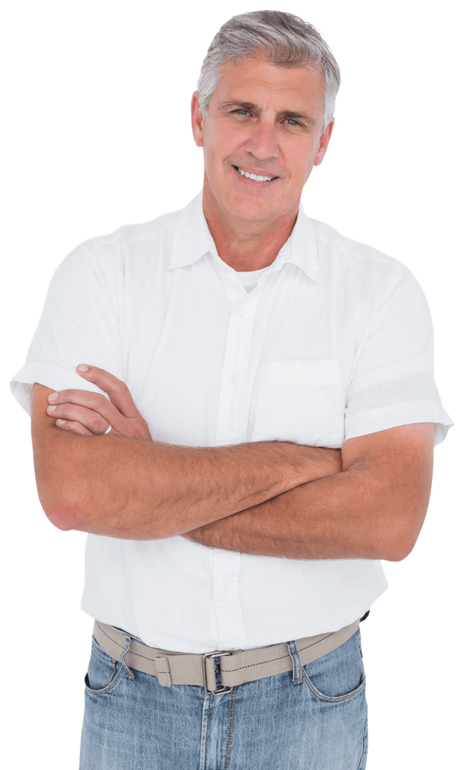 Confident Casual Middle-Aged Man Smiling in Transparent Background