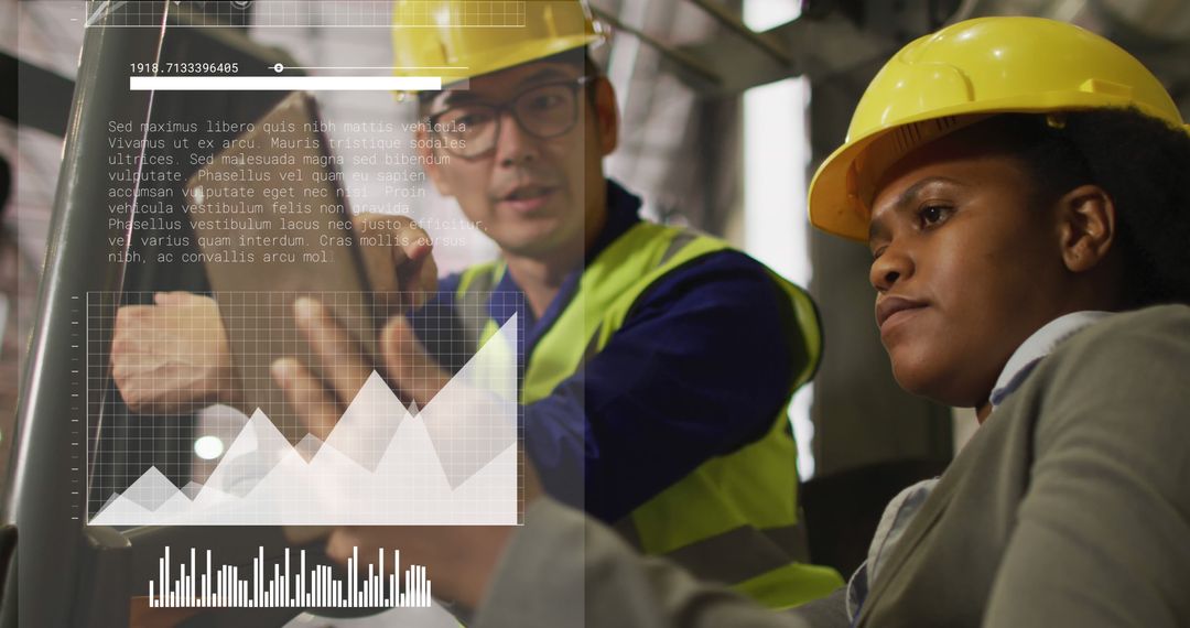 Engineers Analyzing Data on Transparent Screen in Construction Site - Free Images, Stock Photos and Pictures on Pikwizard.com