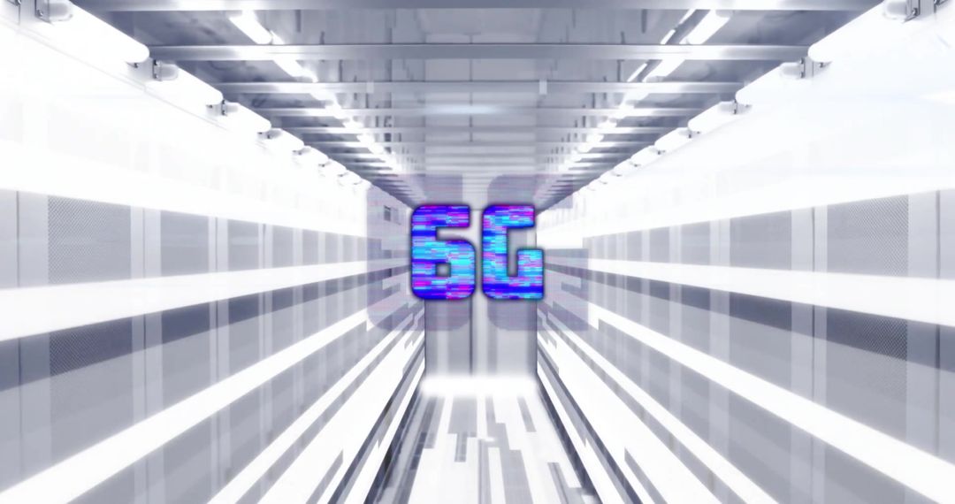 Futuristic 5G Text in Digital Tunnel with Glitch Effect