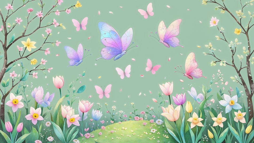 Pastel Butterflies Fluttering in Spring Meadow with Vibrant Tulips