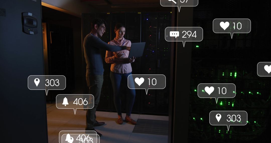 Diverse Engineers Analyzing Data in Dimly Lit Server Room with Social Media Interactions