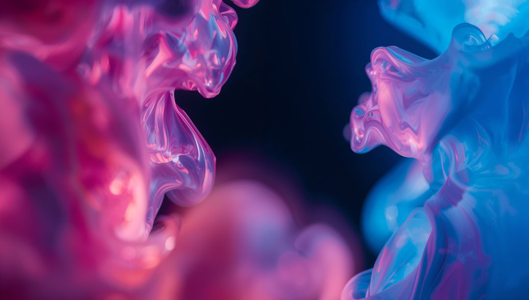 Magenta Cyan Liquid Swirls Creating Glossy Abstract Ribbon Forms with Bokeh Highlights