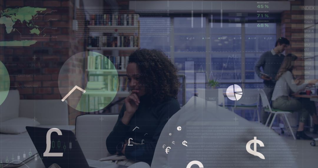 Businesswoman Analyzing Finance Data with Graphs Overlay