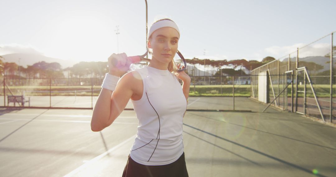 Confident Female Tennis Player Posing on Outdoor Court at Sunset - Free Images, Stock Photos and Pictures on Pikwizard.com