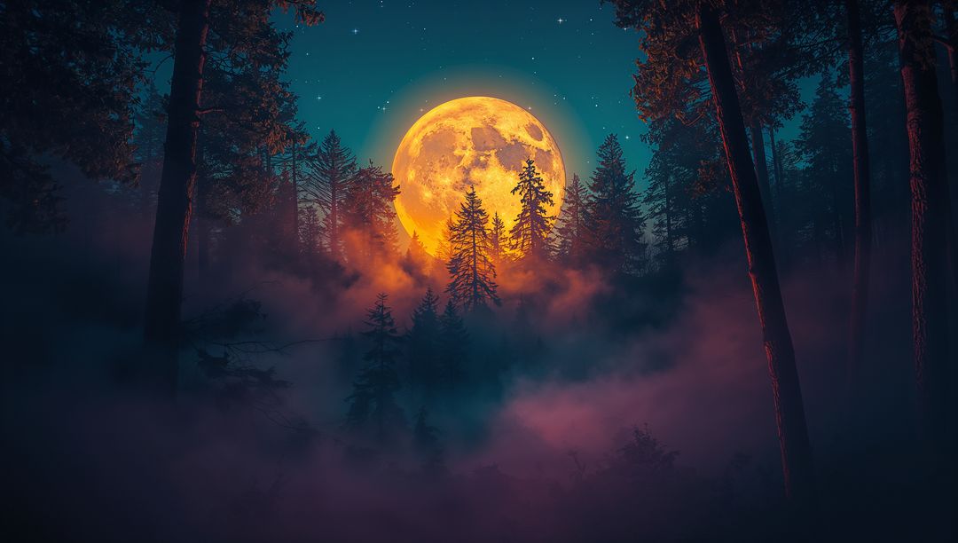 Mystical Full Moon Illuminating Misty Pine Forest at Night