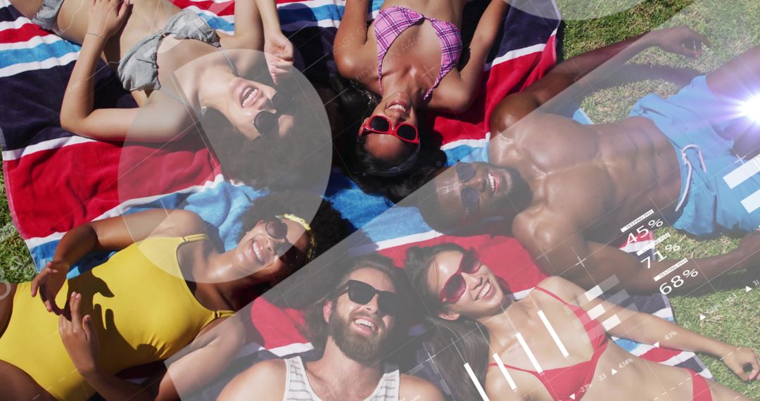 Diverse Friends Sunbathing Outdoors with Digital Overlays