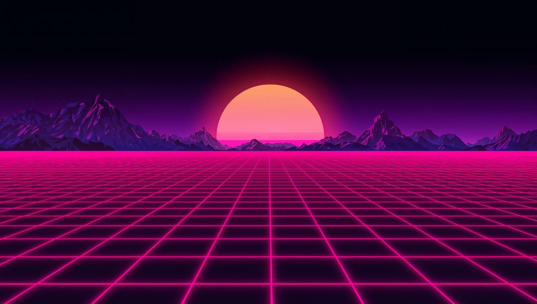 Neon Grid Leading Toward Sunset Over Retro Mountains in Synthwave Futuristic Landscape