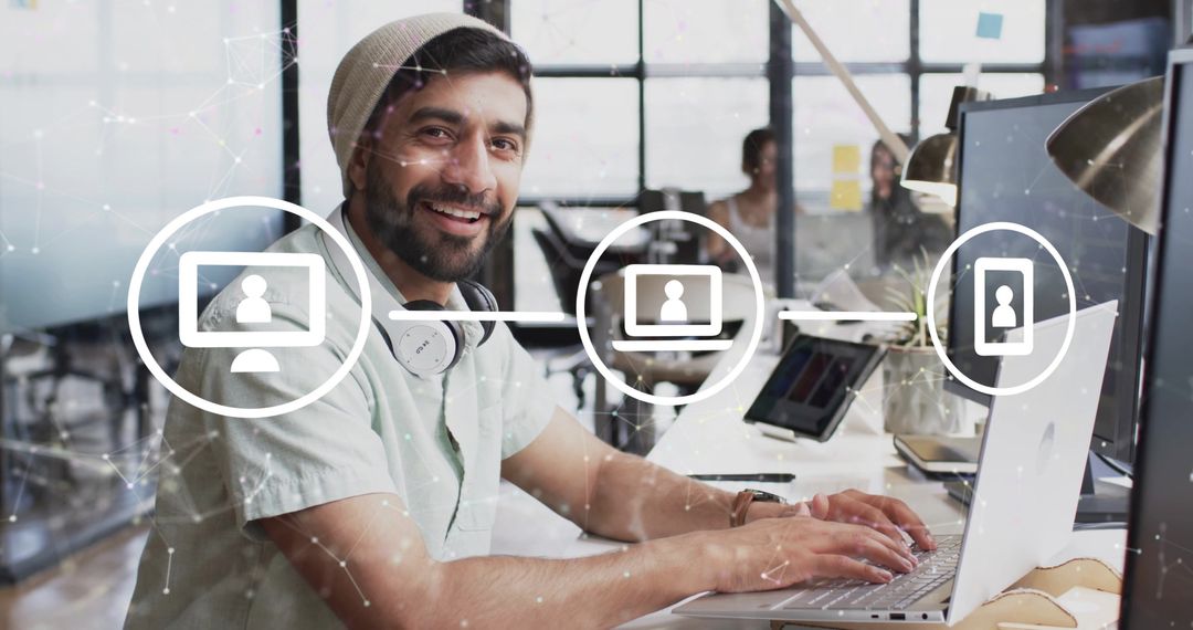 Man Working at Desk with Digital Network Connections Overlay