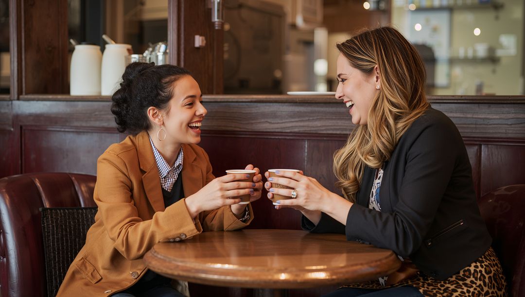 Two Women Enjoying Coffee and Laughter at a Cozy Café