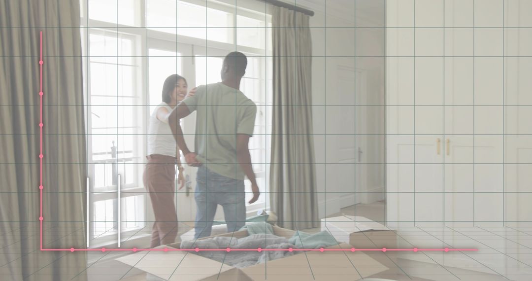 Couple moving into new apartment celebrating by glass doors holding keys unpacking boxes