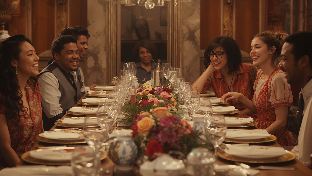 Elegant Dinner Gathering with Smiling Friends and Floral Centerpiece