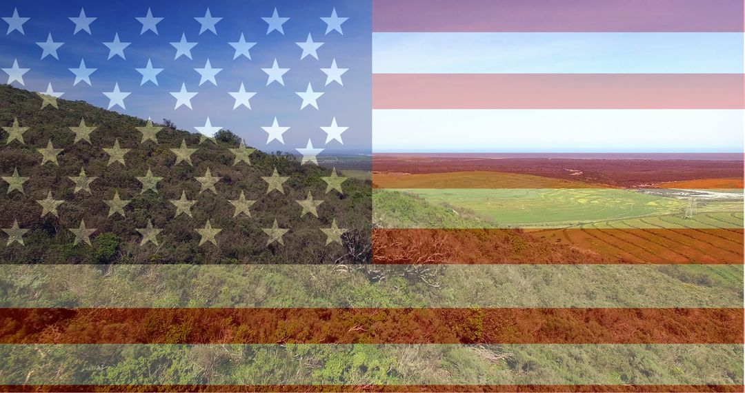 Digital American Flag Overlay on Landscape with Forest and Fields