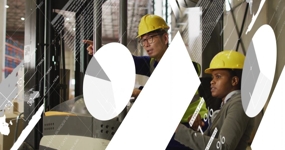 Workers Analyzing Warehouse Operations with Digital Financial Overlay