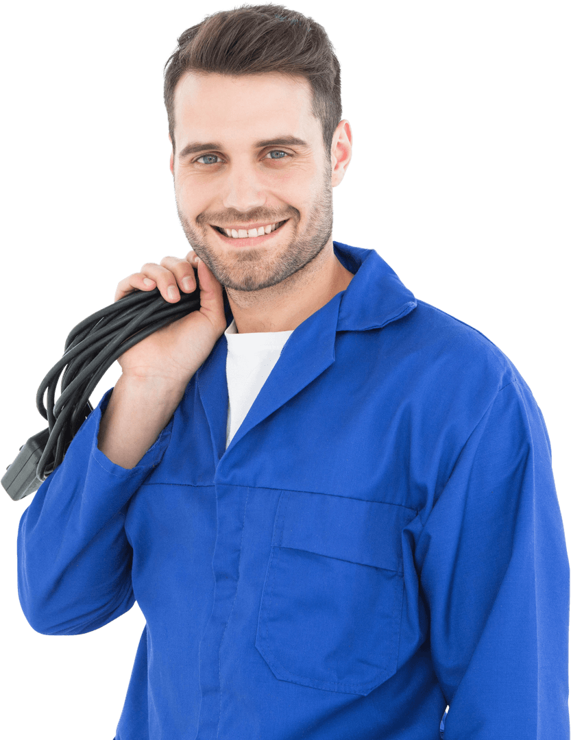 Smiling Repairman Holding Cable Transparent Background