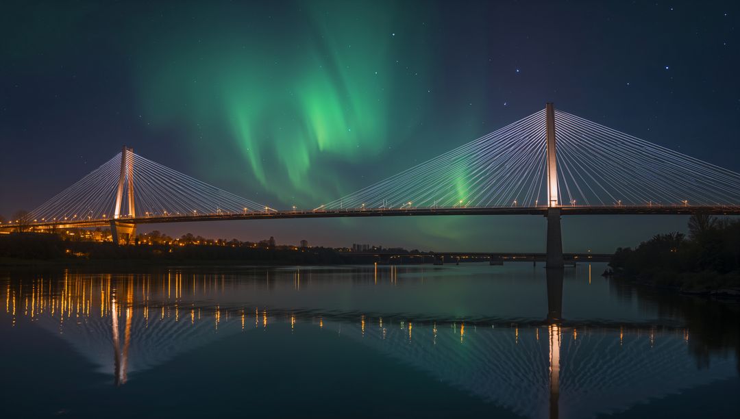 Aurora Borealis glowing over cable-stayed bridge reflecting on calm river at night