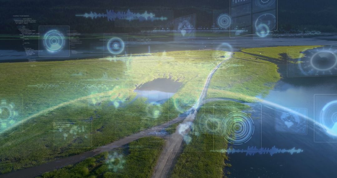 Digital Interface Overlaying Vast Landscape Beneath Clear Sky