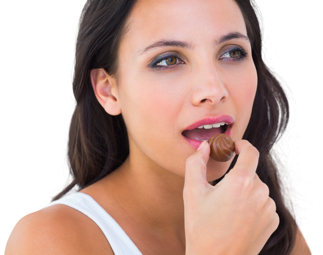 Beautiful Brunette Woman Eating Chocolate Candy Transparent Background - Download Free Stock Images Pikwizard.com