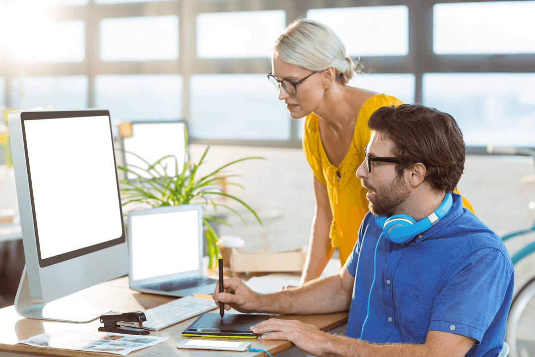 Transparent Collab of Graphic Designers in Modern Office