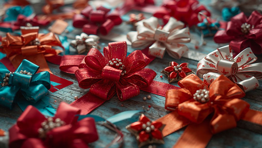 Large Red Ribbon Bow on Rustic Craft Table With Vibrant Decor