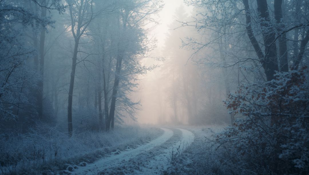 Snow-Covered Path Winding Through Misty Winter Forest with Frosted Trees