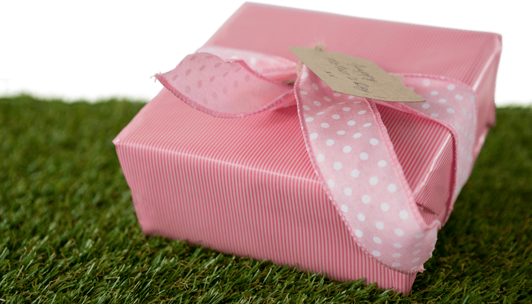 Transparent Pink Gift Box with Ribbon on Grass and Mother's Day Tag