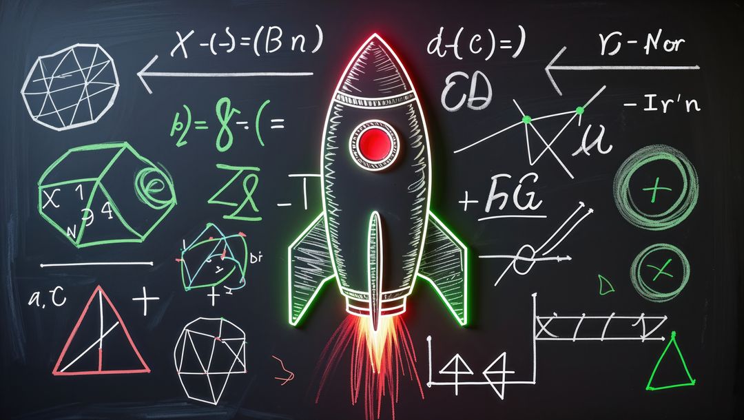Neon Rocket Chalkboard With Complex Formulas and 3D Shapes