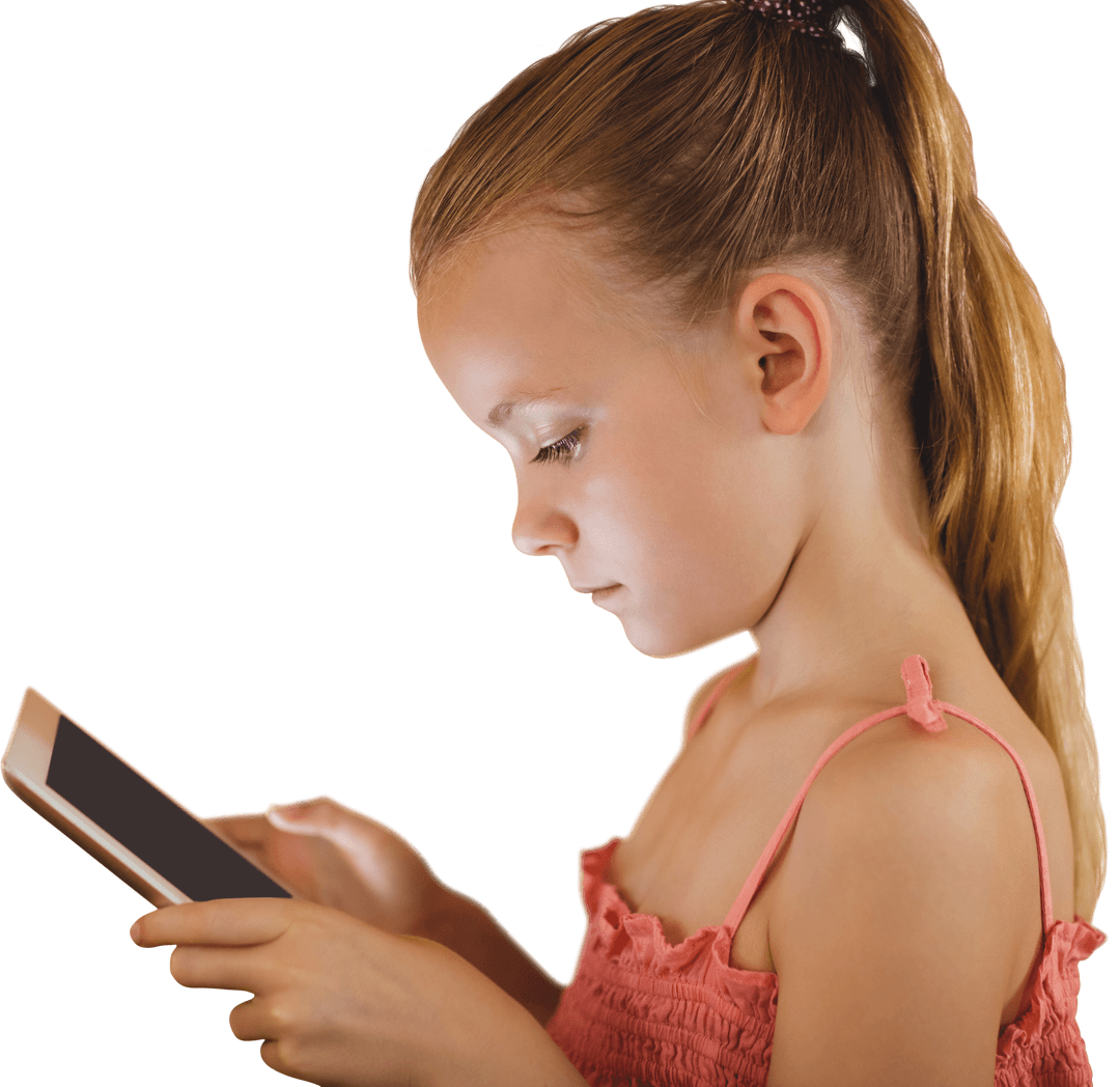 Girl Using Tablet on Transparent Background