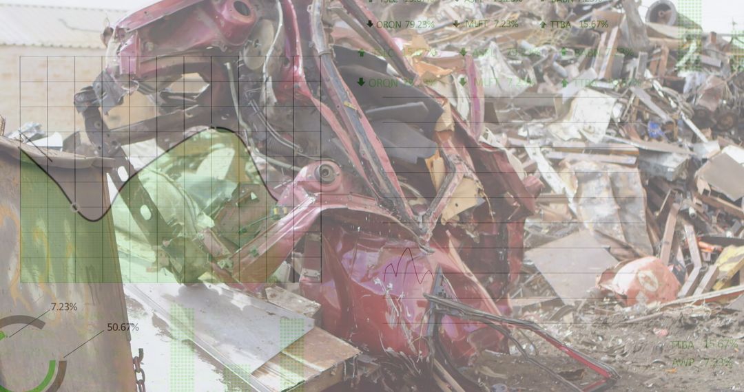 Crumpled Car in Junkyard with Financial Data Overlay