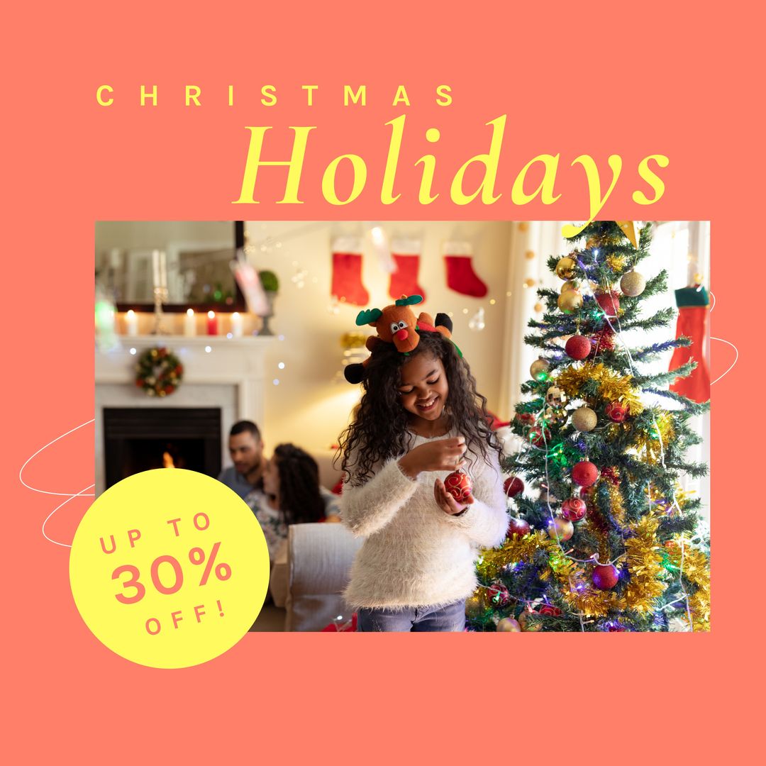 Composition of christmas holidays offer text over african american girl at christmas at home - Download Free Stock Templates Pikwizard.com