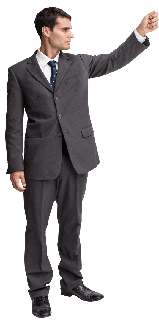Caucasian Businessman in Suit Raising Hand on Transparent Background