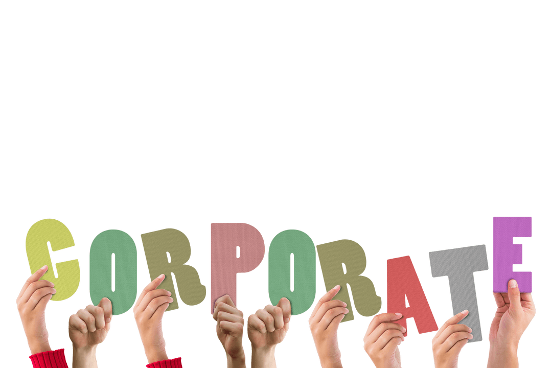 Hands Holding Colorful Word 'Corporate' on Transparent Background