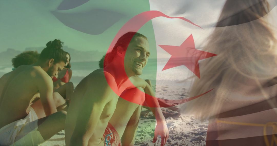 Group Enjoying Beach Fun with Flag of Algeria Overlay