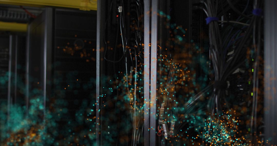 Glittering Lights Over Server Room Illustrating Data Flow