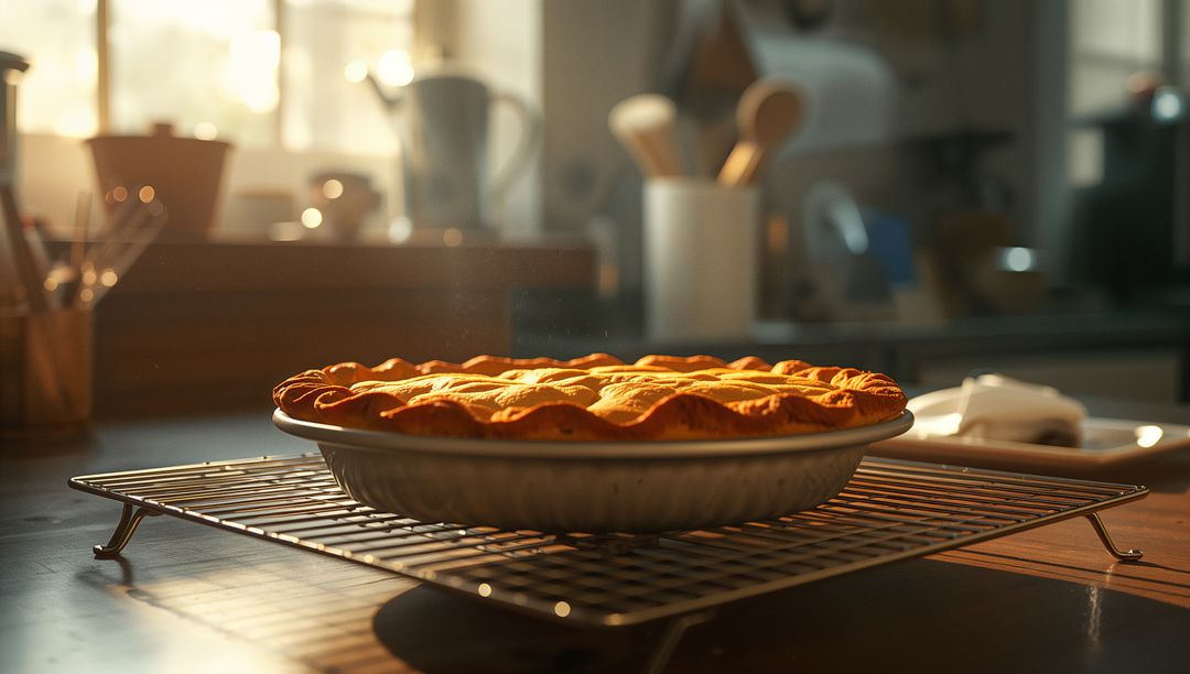 Golden Lattice Crust Pie on Cooling Rack in Sunlit Kitchen