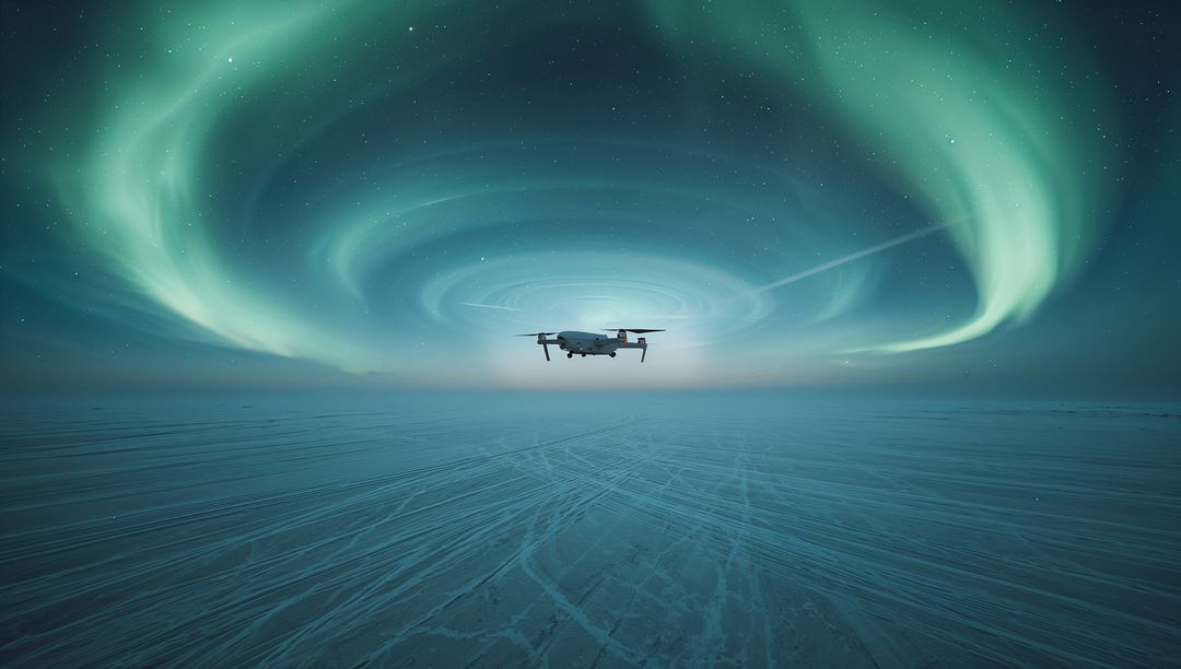 Tiltrotor drone hovering beneath swirling aurora vortex over vast frozen Arctic plain