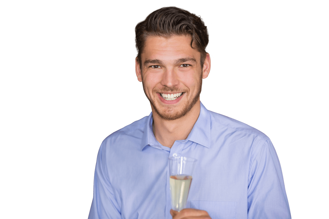 Smiling Caucasian Man Holding Champagne on Transparent Background
